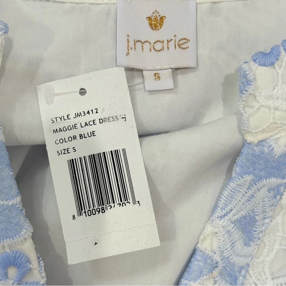 J. Marie Small Maggie Light Blue White Lace Short Dress Kaftan 3/4 Sleeve NWT - Picture 12 of 13